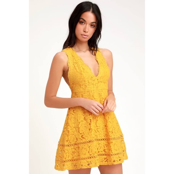 Lulus Dresses & Skirts - LULUS Golden Yellow Lace Skater Dress Size Small